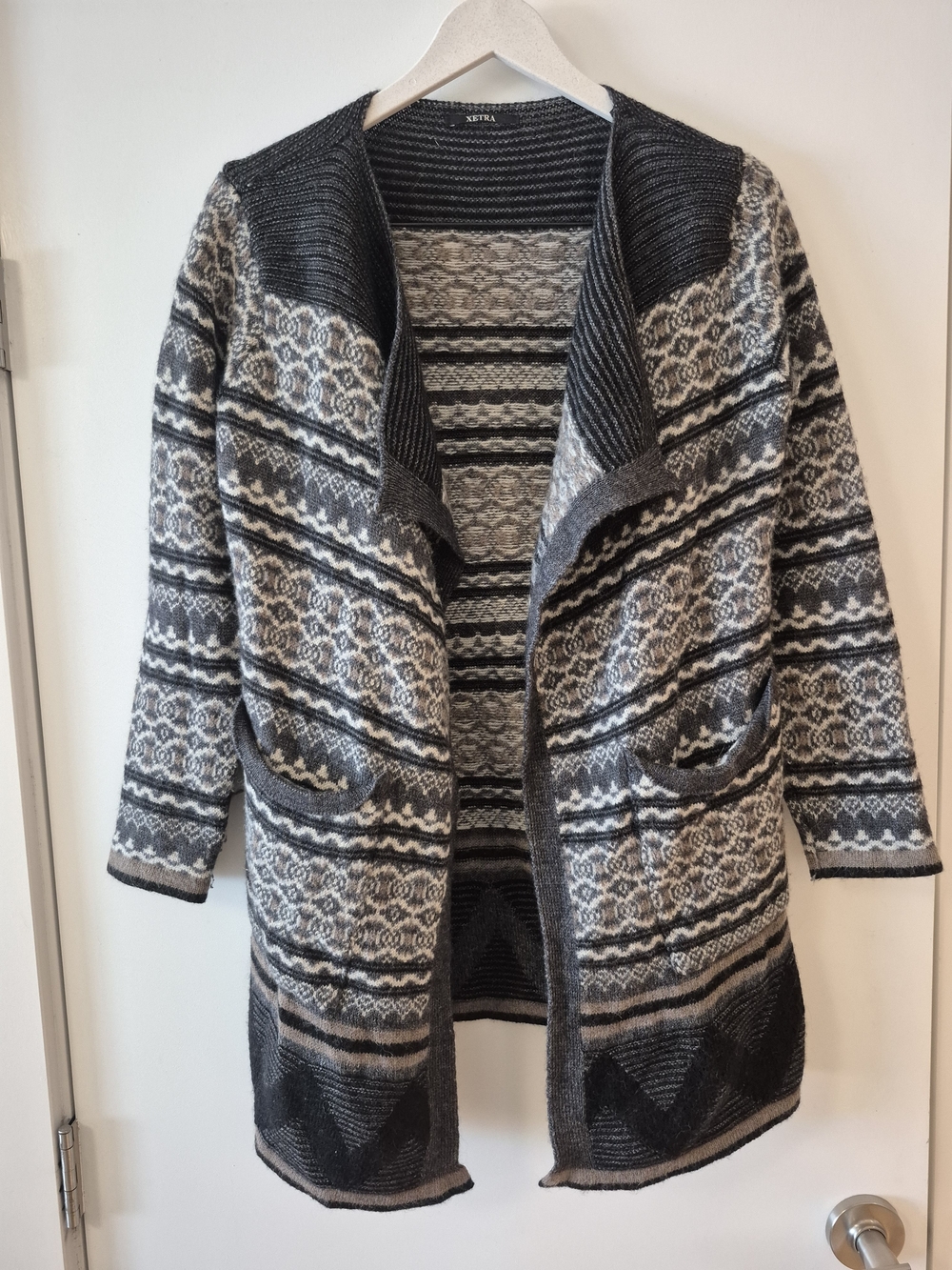 Xetra - Gray and Cream Patterned Open-Front Women's Cardigan